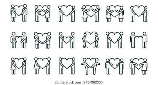Uma coleção de 15 desenhos de linhas simples representando pessoas que exibem amor e afeto