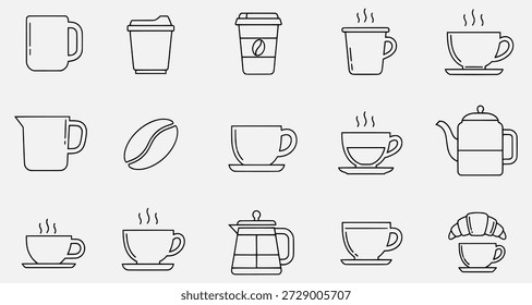 Collection of 15 simple line icons representing various coffee and tea cups, mugs, and related items on a light gray background.