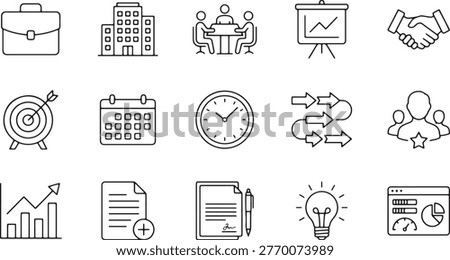 A collection of 15 simple line-style icons related to business and productivity