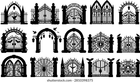 A collection of 15 spooky Halloween gate and door illustrations in Gothic style.