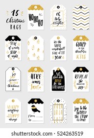 Collection of 15 stylish black gold and white New year and Merry Christmas gift tags. Set of cute printable hand drawn holiday cards posters flyers greeting postcards templates. Vector seasonal design