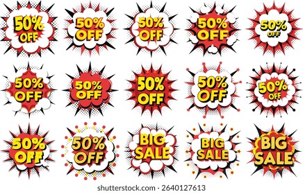 Collection of 15 stylized comic burst sale signs featuring 50% Off and Big Sale in bold, yellow text. Red and white bursts stand out on a clear background.