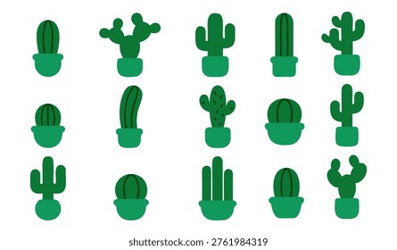 A collection of 15 stylized green cactus illustrations in green pots, featuring various shapes and sizes against a clean white background, showcasing minimalist desert plant designs.