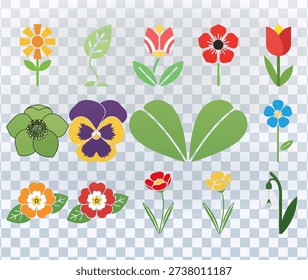 A collection of 15 stylized plant and flower icons on a transparent background. The icons are created in a simple, flat vector graphic style with bold colors. The set includes various floral elements like a yellow daisy, a green sprout, a red and yellow tulip bud, a red anemone, a red tulip, a green hellebore, a purple and yellow pansy, two large green leaves, a blue forget-me-not, an orange primrose, a red primrose, two small tulips, and a white snowdrop. The design is clean and modern.