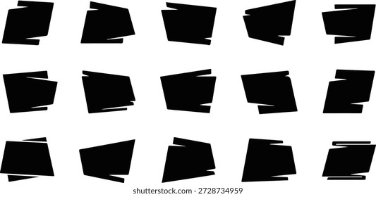 Colección de 15 Formas de Anuncio negro abstractas únicas, insignias y marcadores de posición de texto con bordes fragmentados o angustiados. Este conjunto de silueta de Vector es perfecto para Elementos de Diseño gráfico, estilo de cómic, rótulos modernos, burbujas de discurso, superposiciones de grunge o fondos dinámicos abstractos. Aislado en blanco.