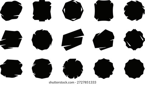 Colección de 15 siluetas abstractas negras únicas con bordes irregulares, angustiados y fracturados, aisladas sobre un fondo blanco. Este versátil conjunto de Vectores proporciona marcos irregulares modernos, insignias grunge, Formas rocosas o bordes decorativos perfectos para el diseño de logotipos, proyectos vintage, superposiciones y diseños gráficos contemporáneos.