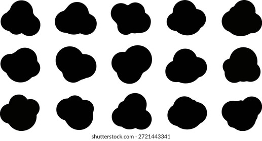 Coleção de 15 formas amorfas pretas únicas isoladas sobre fundo branco. Esses elementos vetoriais líquidos, fluidos e irregulares são perfeitos para o design gráfico moderno, branding minimalista, cartazes abstratos e interfaces de sites. Use essas silhuetas de bolhas orgânicas como máscaras, caixas de texto ou quadros e pontos abstratos.