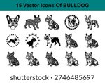 A collection of 15 unique bulldog vector icons showcasing various breeds and poses.
