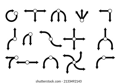 Collection of 15 vector arrows for infographics, cartography, advertising, booklets and posters. Black icons isolated on white background.