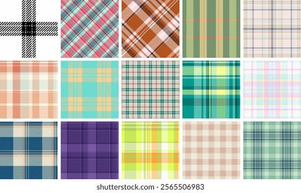 Collection of 15 vibrant plaid and check patterns. Perfect for textile design, fashion, home decor, and web backgrounds.  Diverse color palettes offer endless design possibilities.
