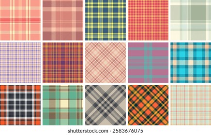 Collection of 15 vibrant plaid patterns.  Perfect for textile design, fashion, web backgrounds, or scrapbooking projects.