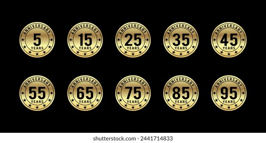 collection of 15th, 25th, 35th, 45th, 55th, 65th, 75th, 85th, 95th anniversary logos gold circle badges on black background