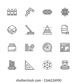 Collection of 16 3d outline icons include icons such as dominoes, earth grid, recycling center, bullets, curling, augmented reality, ar glasses, d, audio file, modeling
