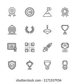Collection of 16 achievement outline icons include icons such as top, shield, archery, trophy, medal, options, certificate, crossroads, rising, goal
