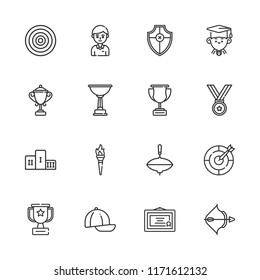 Collection of 16 achievement outline icons include icons such as top, podium, archery, cap, dart board, trophy, graduate, diploma, student, medal, torch