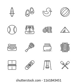 Collection of 16 activity outline icons include icons such as casino chip, foosball, swing, baseball, curling, hoverboard, lacrosse, ping pong, rafting, rowing, snowboard