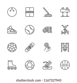 Collection of 16 activity outline icons include icons such as casino chip, playground, bicycle, soccer ball, baseball, basketball, bowling, curling, ping pong, pommel horse