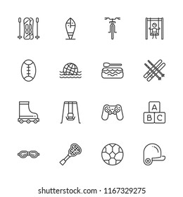Collection of 16 activity outline icons include icons such as playground, blocks, swing, gamepad, baseball, football, lacrosse, rafting, roller skate, rugby, ski, skiing