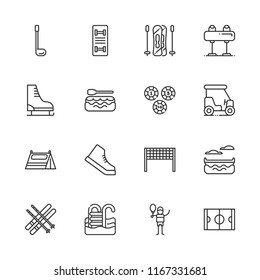 Collection of 16 activity outline icons include icons such as casino chip, pool, tennis court, shoe, canoe, golf, golf cart, hockey box, ice skate, pommel horse, rafting