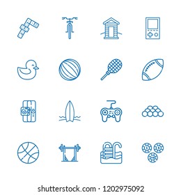 Collection of 16 activity outline icons include icons such as casino chip, dominoes, pool, racket, bike, gamepad, duck, ball, basketball, rugby, sport, console, barbell, cabin