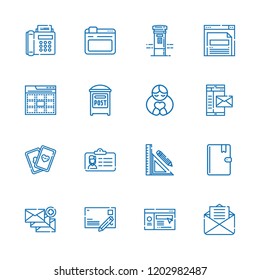 Collection of 16 address outline icons include icons such as post, hugh, address book, browser, fax, email, website, web, postcard, id card, cards, stationery, mailbox