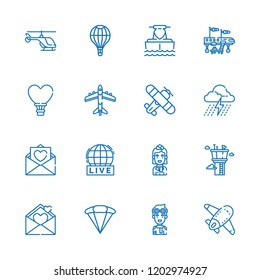 Collection of 16 air outline icons include icons such as helicopter, parachute, plane, jet boating, balloon, airplane, storm, love letter, stewardess, pilot, live