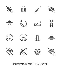 Collection of 16 alien outline icons include icons such as spaceship, ufo, astronaut, black hole, comet, galaxy, hubble space telescope, mars, meteorites, moon rover, nebula