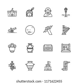 Collection of 16 ancient outline icons include icons such as sword, castle, neptune, chest, harp, vase, socrates, zeus, cannon, abacus, street lamp, scroll