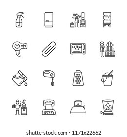 Collection of 16 appliance outline icons include icons such as hair dryer, cleaner, fridge, kettle, mixer, microwave, bucket, water dispenser, grater, burner, waffle iron