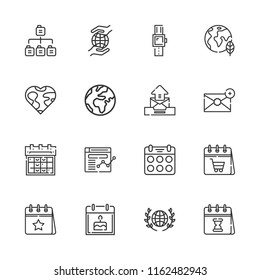 Collection of 16 application outline icons include icons such as calendar, earth globe, planet earth, sitemap, browser, email