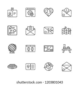 Collection of 16 application outline icons include icons such as id card, earth globe, browser, map, augmented reality, menu, email