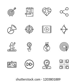 Collection of 16 arrow outline icons include icons such as target, aim, pie chart, fast forward, earth globe, video player, clock, growth, dart, draw, share, crossroads, map