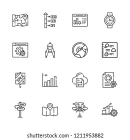 Collection of 16 arrow outline icons include icons such as analytics, statistics, browser, pointer, map, earth, sale, bar chart, file transfer, menu, progress, growth, compass
