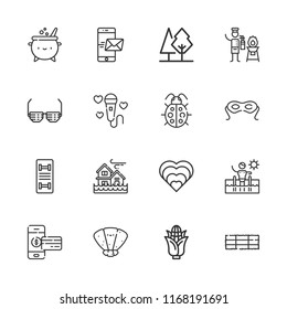 Collection of 16 art outline icons include icons such as smartphone, trees, swimming pool, heart, sunglasses, skateboard, eye mask, fire extinguisher, microphone, hay bale