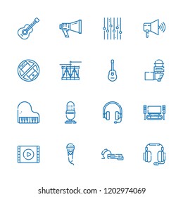 Collection Of 16 Audio Outline Icons Include Icons Such As Video Player, Guitar, Piano, Equalizer Controller, Drum, Microphone, Home Cinema, Headphones, Silent, Megaphone