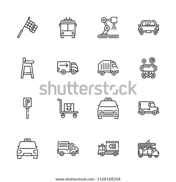 Collection of 16
auto outline icons include icons such as delivery truck, truck,
recycling truck, minivan taxi, taxi, trolleybus, car, racing,
industrial robot, baby
chair
