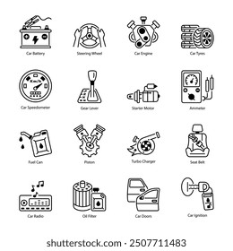 Collection of 16 Automotive Parts Linear Icons 

