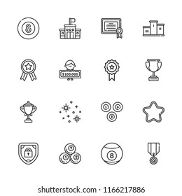 Collection Of 16 Award Outline Icons Include Icons Such As Shield, Winner, Billiard, Medal, Stars, Certificate, Podium, School, Star