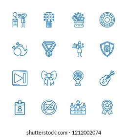 Collection of 16 badge outline icons include icons such as location pin, hair dryer, pastry chef, id card, no chatting, guitar, cold water, medal, shield, trick, next, ribbon