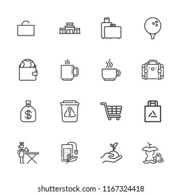 Collection of 16 bag outline icons include icons such as shopping bag, supermarket, suitcase, ironing service, waste, shopping cart, sprout, coffee cup, golf, purse, suitcases
