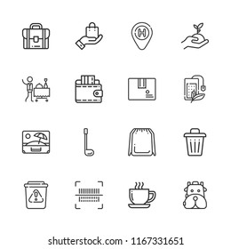 Collection of 16 bag outline icons include icons such as package, bar code, room service, hotel, backpack, waste, trash, shopping bag, wallet, tea bag, briefcase, coffee cup