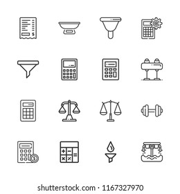 Collection of 16 balance outline icons include icons such as receipt, filter, calculator, weight, balance, hoverboard, pommel horse