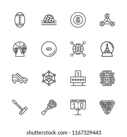 Collection of 16 ball outline icons include icons such as billiard, lottery, foosball, network, american football, lacrosse, polo, scoreboard, shooting, soccer shoe