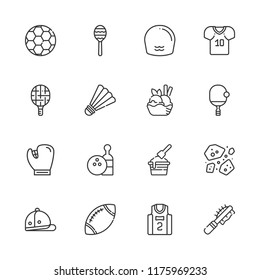 Collection of 16 ball outline icons include icons such as rattle, baseball glove, basketball jersey, bowling, football jersey, ping pong, polo, swimming, tennis racket
