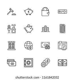Collection of 16 bank outline icons include icons such as building, piggy bank, cards, money, auction, buy, cashier, cash, credit card, safebox, economy, online shop, purse