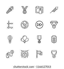 Collection Of 16 Banner Outline Icons Include Icons Such As Stand, Pay Per Click, Fast Forward, Medal, Balloons, Flags, Badge, Ads, Flag, Hot Air Balloon, Fireworks, Confetti