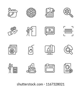 Collection of 16 bar outline icons include icons such as bar code, analytics, browser, ice bucket, minibar, room service, juice, video player, search engine, pizza, browsers