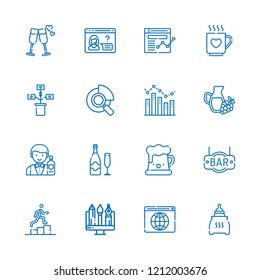 Collection of 16 bar outline icons include icons such as browser, beer, research, bottle, barman, bar, champagne, bar chart, graphic, wine, promotion, cheers, drink