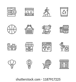Collection of 16 basket outline icons include icons such as online shopping, laundry, basketball, balloon, hot air balloon, recycle bin, mall, chicken coop, online shop