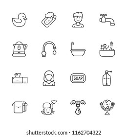 Collection of 16 bathroom outline icons include icons such as water tap, bath towel, bath, faucet, liquid soap, soap, mirror, water boiler, boy, woman, duck, sink, girl